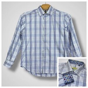 Robert Graham‎ Shirt Mens XL Blue Plaid Check Long Sleeve Funky Crazy Flip Cuff